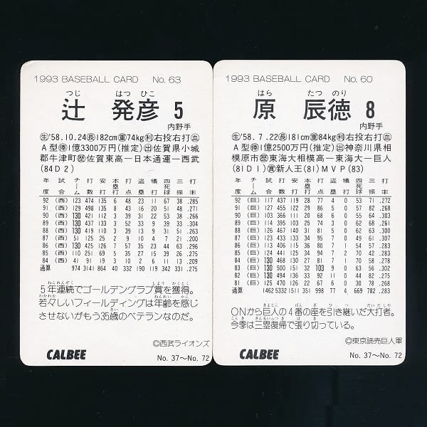 買取実績有!!】カルビー プロ野球 カード 1993 60 原辰徳 63 辻発彦