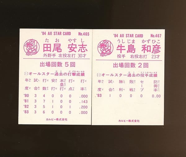 カルビー プロ野球チップスカード 1984年 「465 田尾安志」「467 牛島和彦」_2
