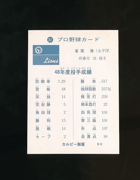 カルビー プロ野球 カード 1973年 旗版 267 東尾修_2