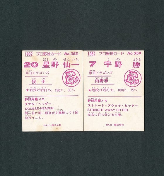 カルビー プロ野球カード 82年 353 星野仙一 354 宇野勝_2