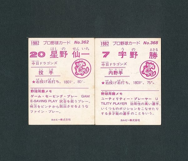 カルビー プロ野球カード 82年 362 星野仙一 368 宇野勝_2