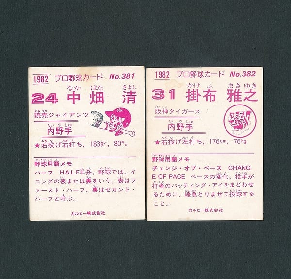 カルビー プロ野球 カード 1982年 No.381 中畑 382 掛布_2