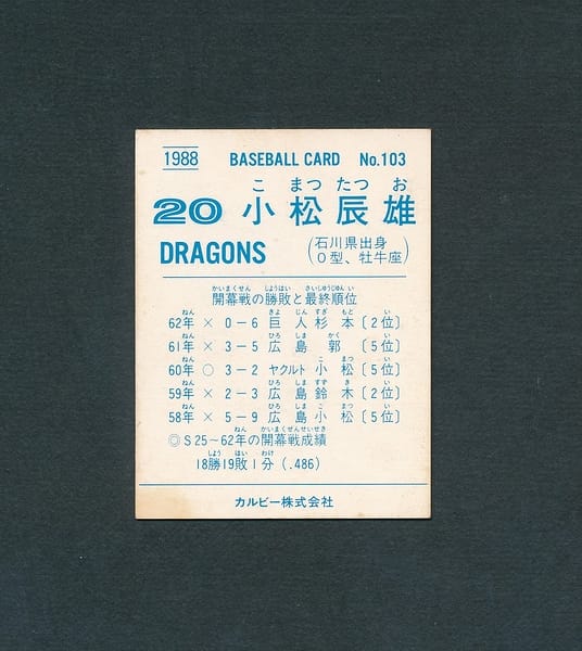 カルビー プロ野球 カード 88年 No.103 小松辰雄 開幕投手_3