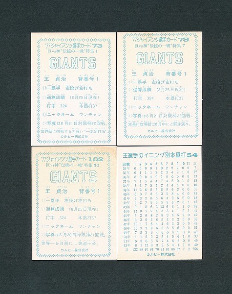 カルビー プロ野球カード 77年 73 79 102 756号特集 王貞治_2
