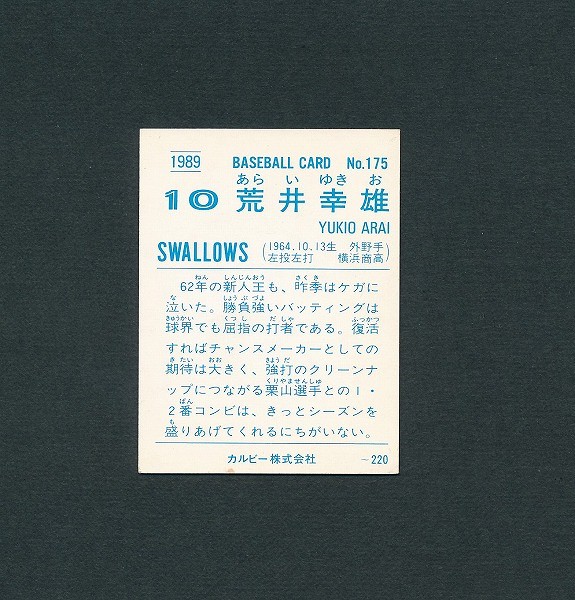 カルビー プロ野球 カード 89年 No.175 荒井幸雄 ヤクルト_2
